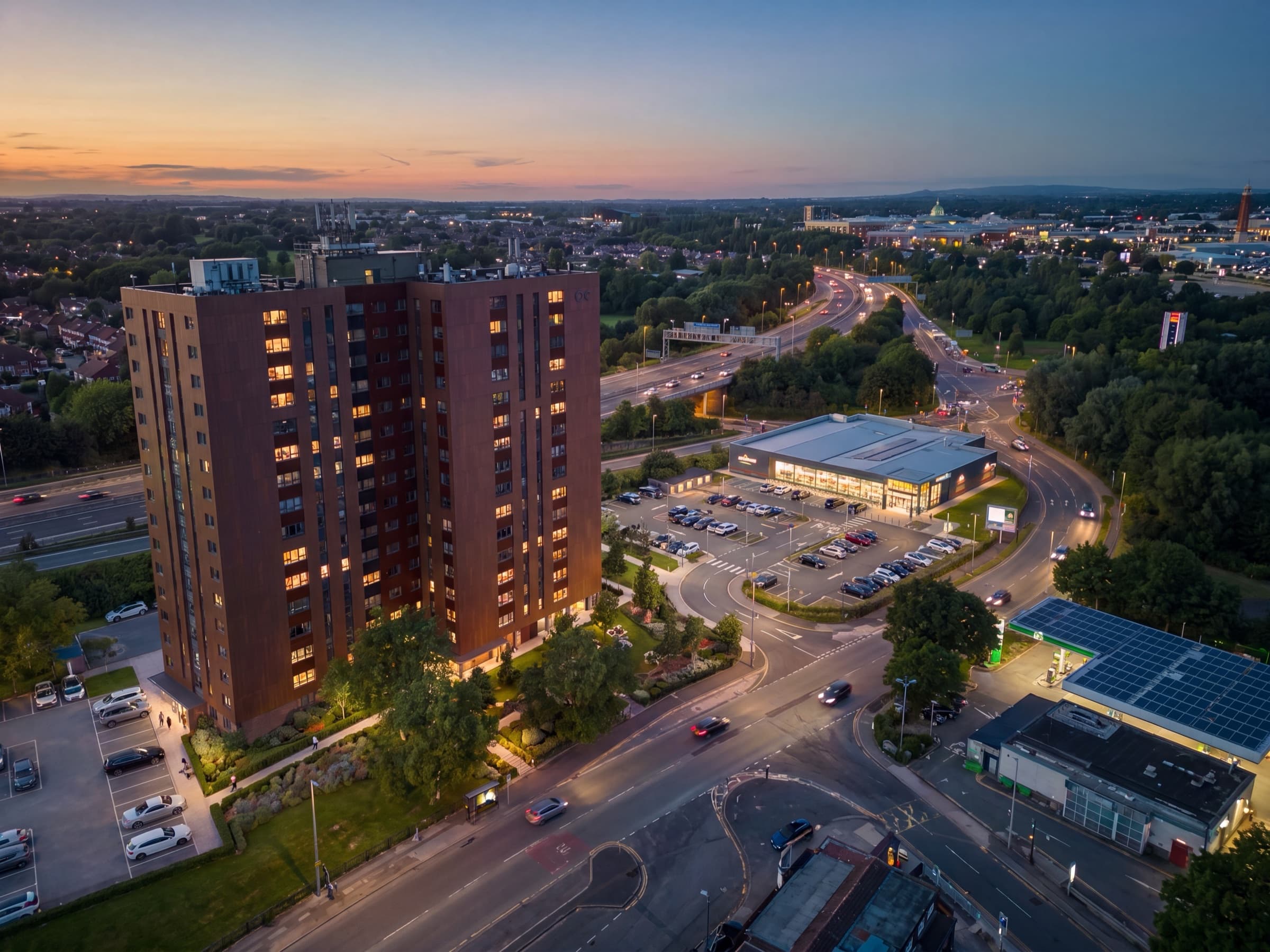 Aerial view at dusk